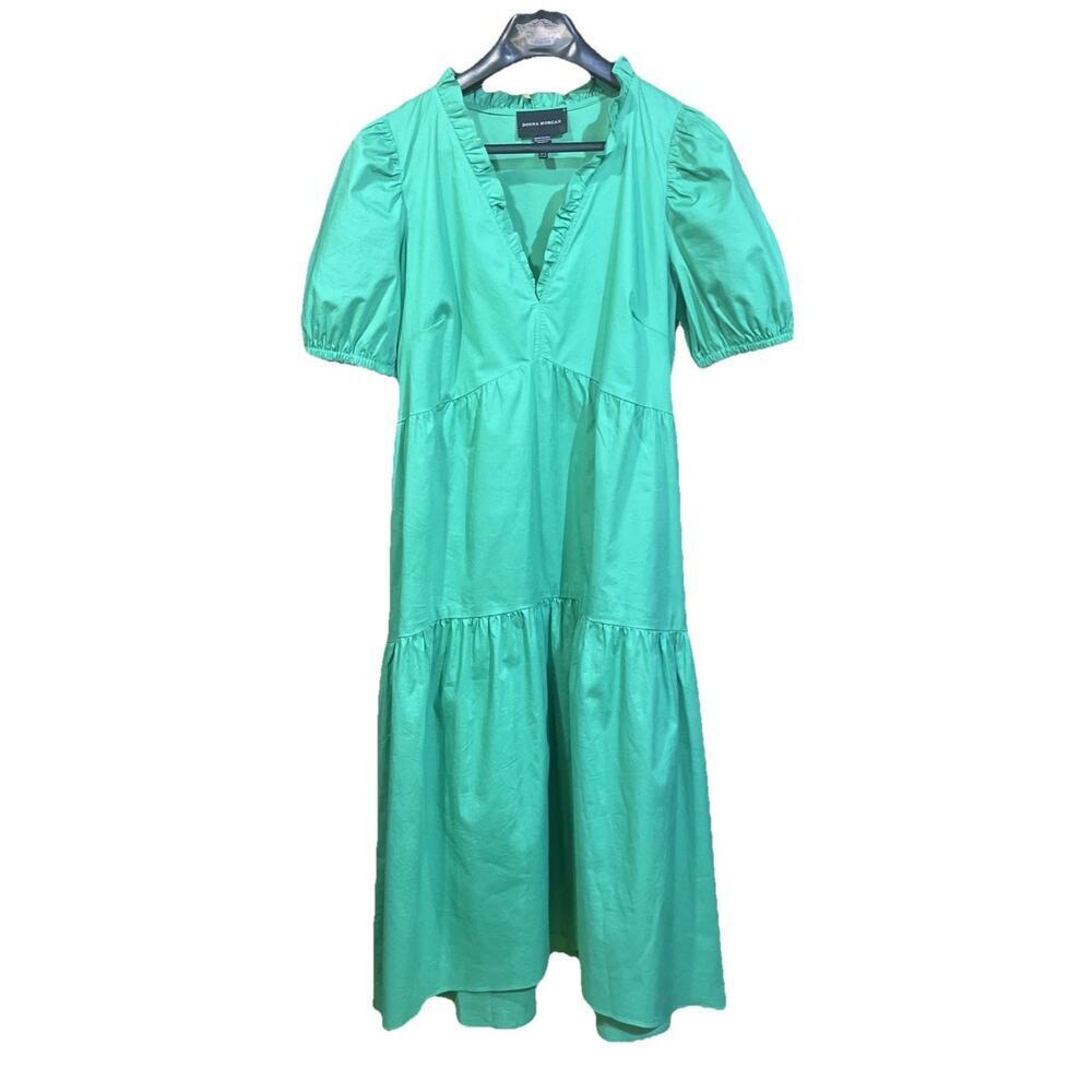 Donna Morgan Babydoll Tiered Midi Dress Sz 12 Green Cottagecore Ruffle Coquette - Picture 1 of 12